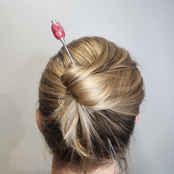 Glimmercore Crimson Spell  Stainless Steel Hair Stick Red Sparkle Charm Updo Pin - Picture 3 of 6